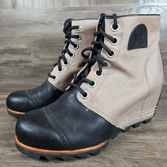 Sorel 1964 PDX Waterproof Hidden Heel Wedge Tan Black Boots Ankle Leather Sz 8.5 - Picture 2 of 12